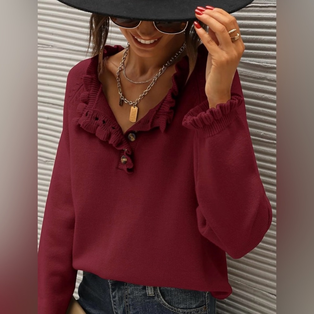 NWOT Burgundy Ruffled Long Sleeve Sweater